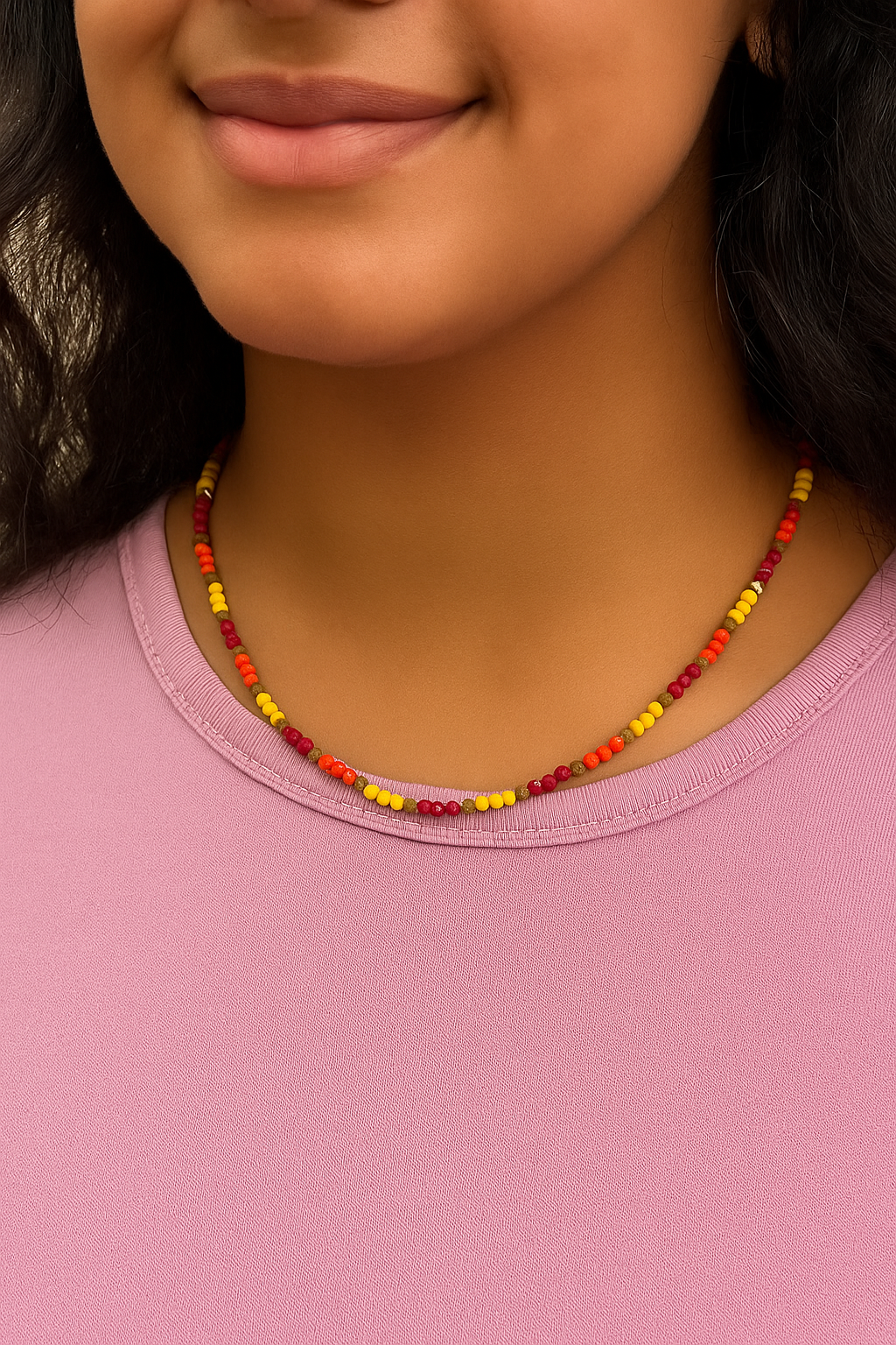summer necklace featuring a vibrant crystal beaded strand in red, orange, and yellow tones