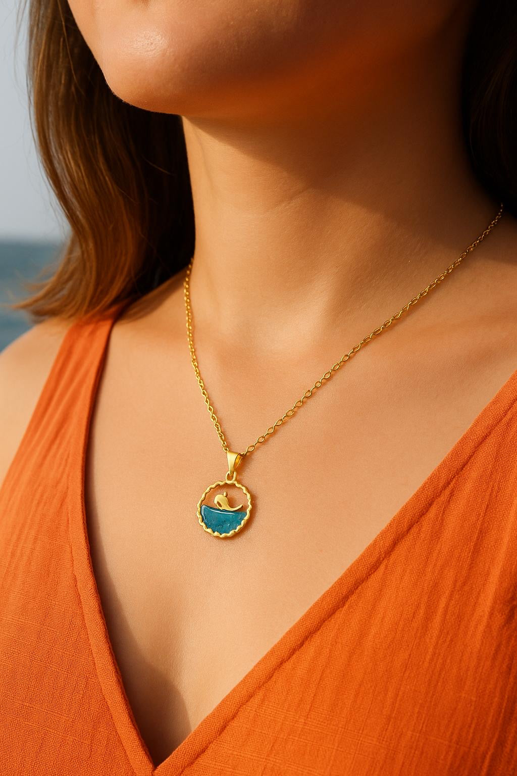 Stainless steel dolphin&wave necklace